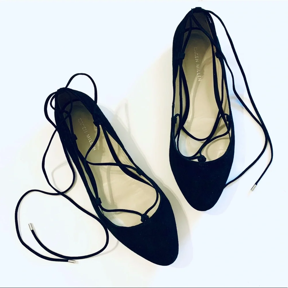 Karen Millen Lace Up Black Suede Flats 10 - Picture 2 of 8